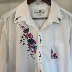 White Floral Button Down Long Sleeve Shirt Size XL Vintage 90s 80s Spring Boho